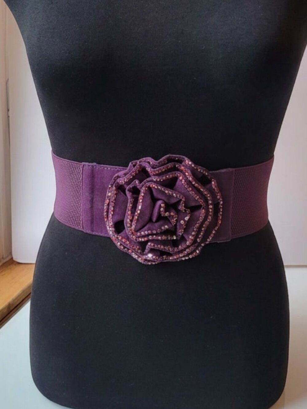 Vintage 80s Maximalist Fabric Belt with Sequined Large Purple Rosette Size M